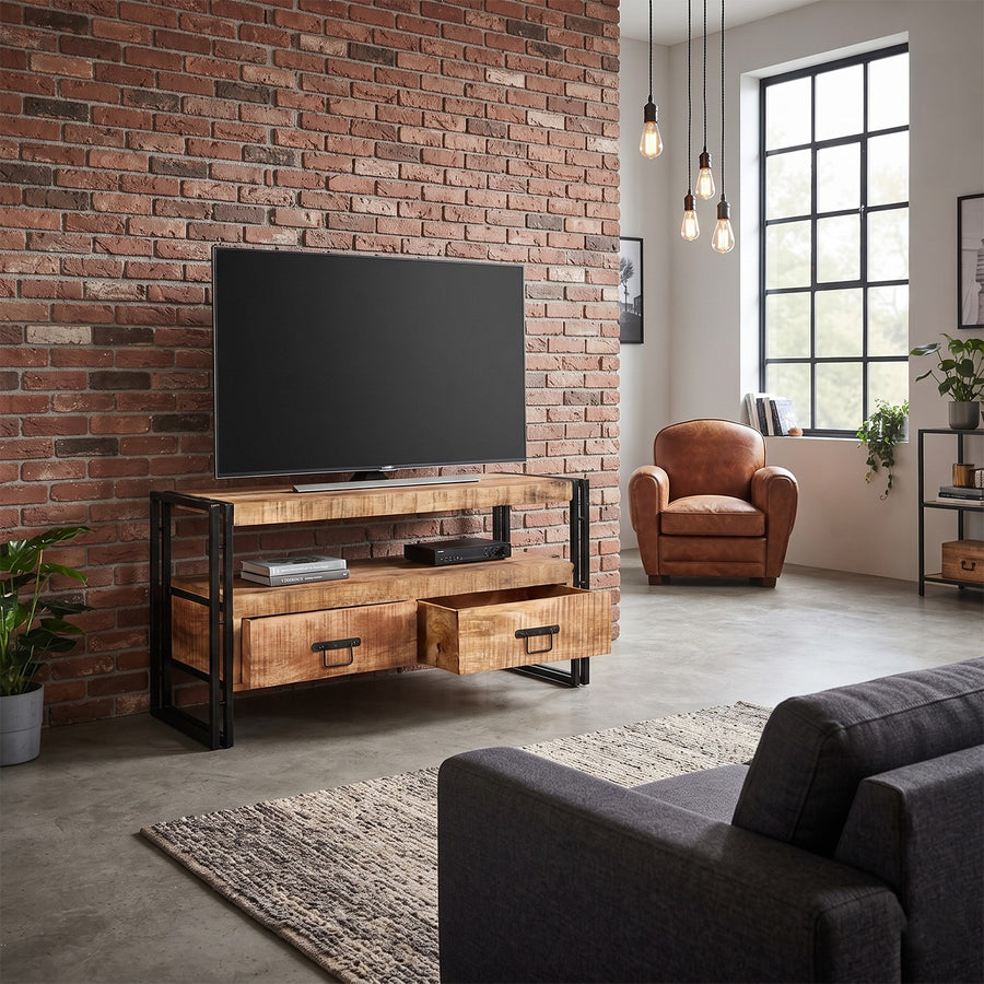 Rivetta Natural Industrial Mango Wood and Metal 2 Drawer TV Stand