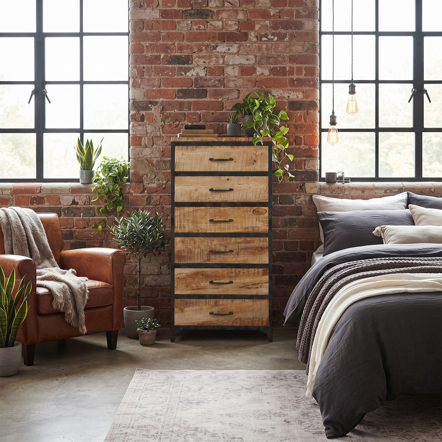 Rivetta Natural Industrial Mango Wood and Metal Tall 6 Drawer Chest