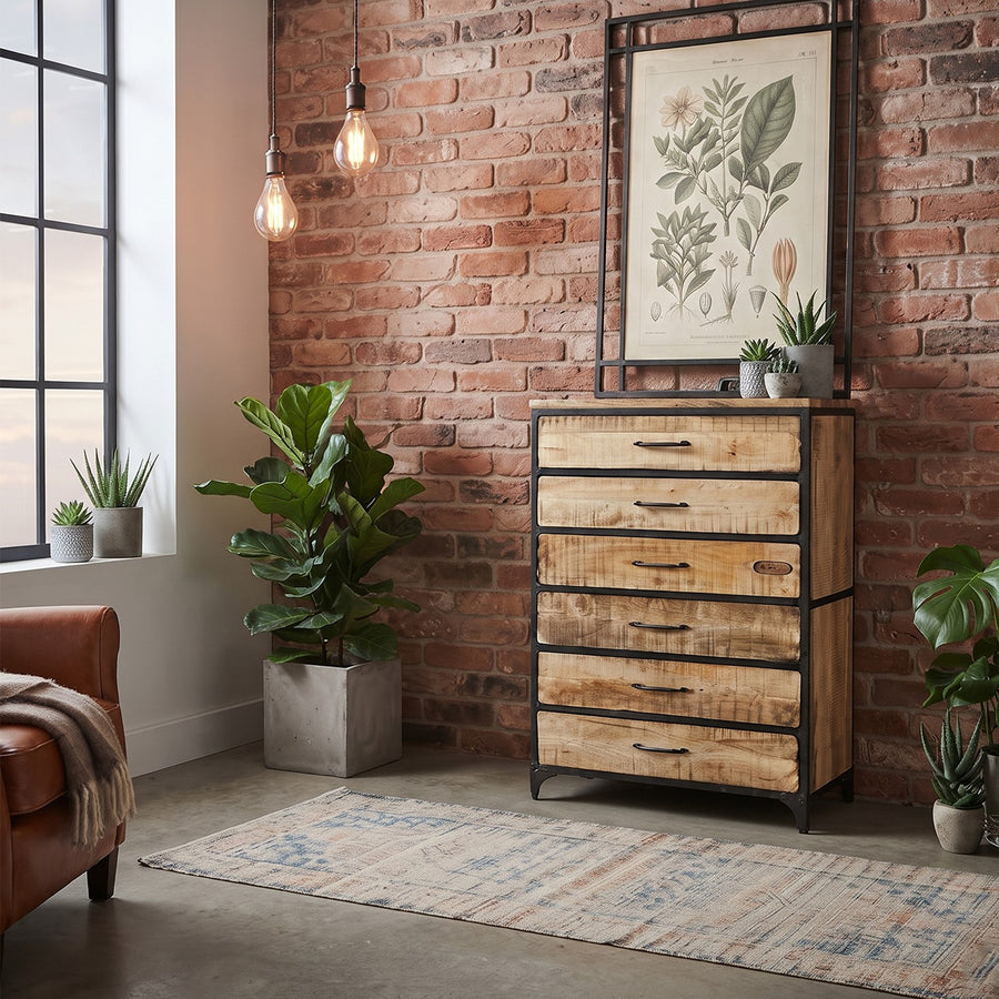 Rivetta Natural Industrial Mango Wood and Metal Tall 6 Drawer Chest - image 3