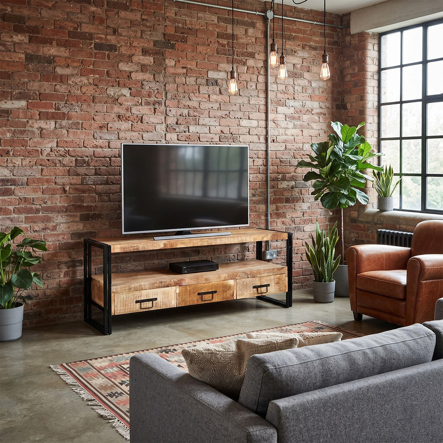 Rivetta Natural Large Industrial Mango Wood 3 Drawer TV Unit