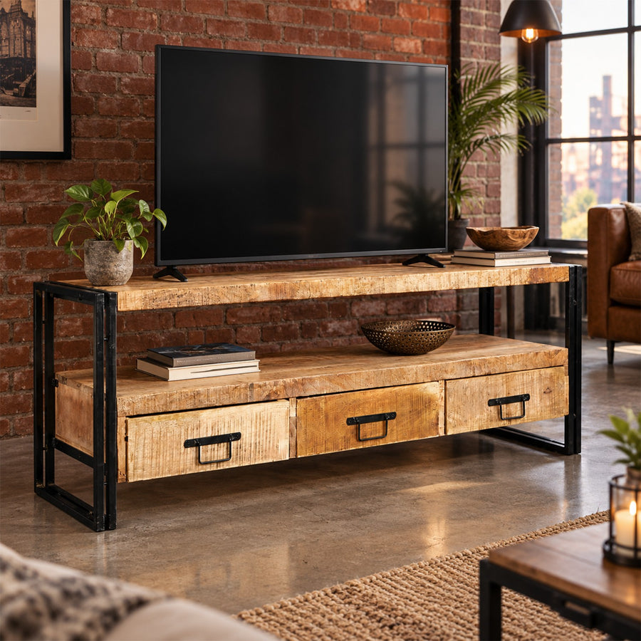 Rivetta Natural Large Industrial Mango Wood 3 Drawer TV Unit - image 2