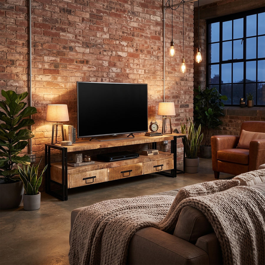 Rivetta Natural Large Industrial Mango Wood 3 Drawer TV Unit - image 3