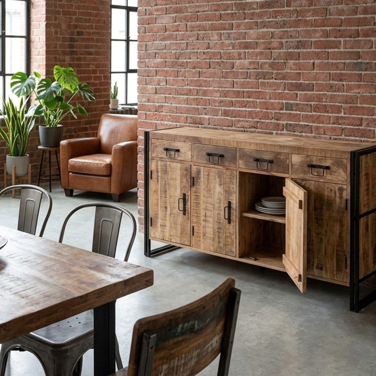 Rivetta Natural Extra Large Industrial 4 Drawer 4 Cupboard Sideboard