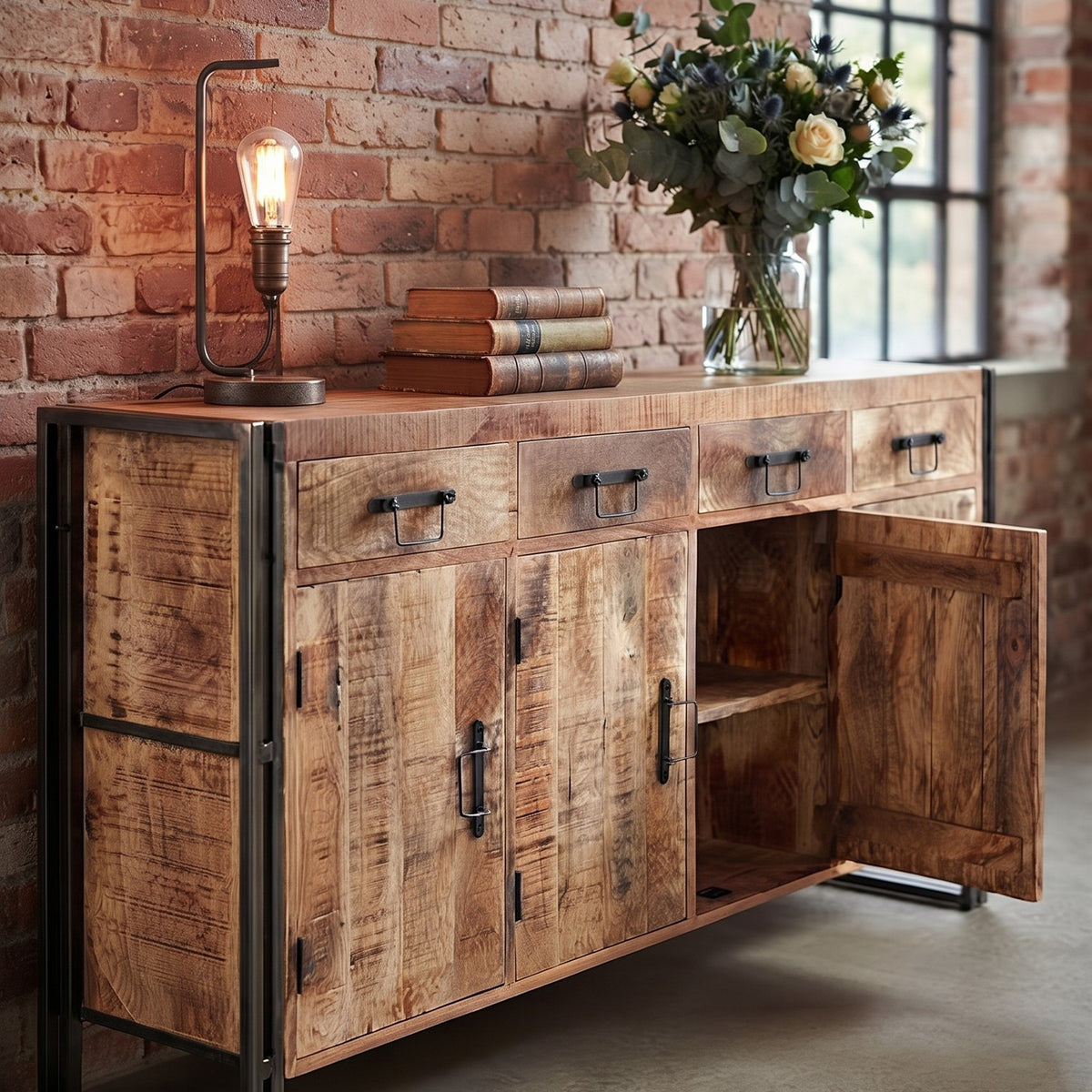 Rivetta Natural Extra Large Industrial 4 Drawer 4 Cupboard Sideboard