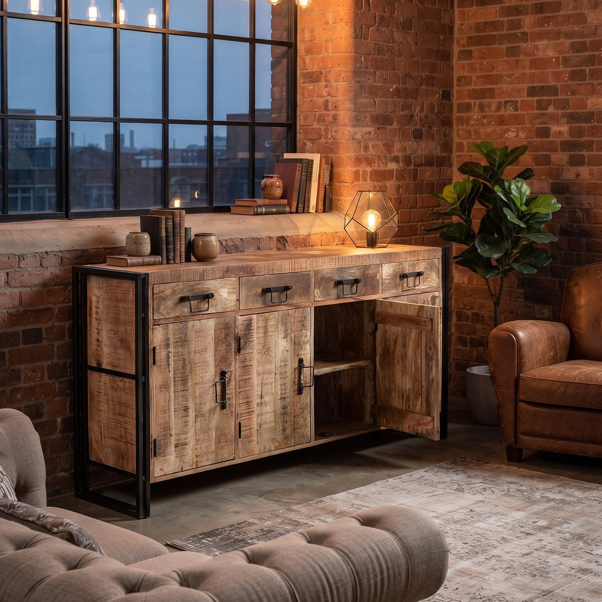 Rivetta Natural Extra Large Industrial 4 Drawer 4 Cupboard Sideboard - image 3