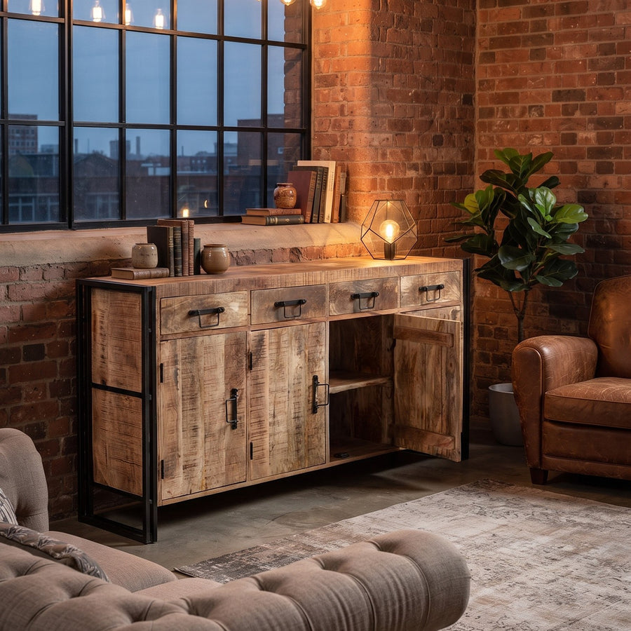 Rivetta Natural Extra Large Industrial 4 Drawer 4 Cupboard Sideboard - image 3