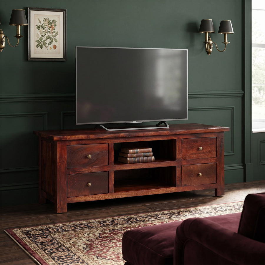Ambera Mahogany Traditional Solid Mango 4 Drawer TV Cabinet