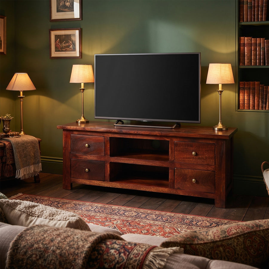 Ambera Mahogany Traditional Solid Mango 4 Drawer TV Cabinet - image 3