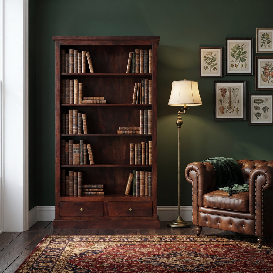 Ambera Mahogany Large Traditional Solid Mango 2 Drawer Bookcase