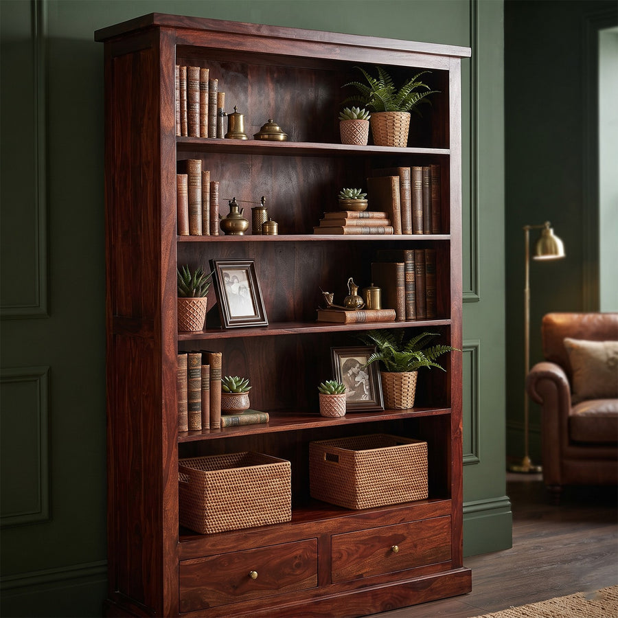 Ambera Mahogany Large Traditional Solid Mango 2 Drawer Bookcase - image 2