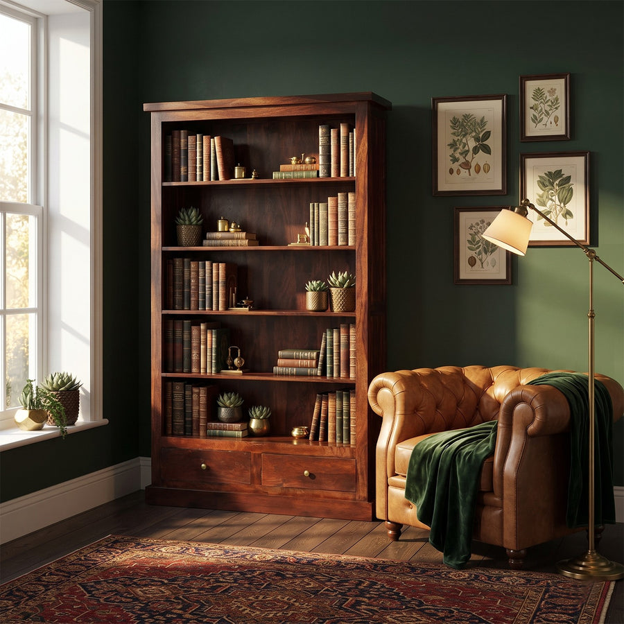 Ambera Mahogany Large Traditional Solid Mango 2 Drawer Bookcase - image 3