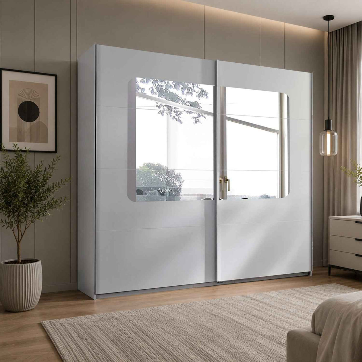 Bramley White and Oak 270cm Sliding Mirrored Wardrobe