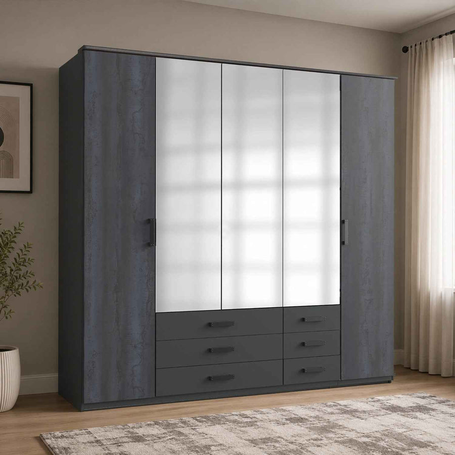Grasmere Graphite 5 Door Wardrobe with Mirrors and 6 Drawers