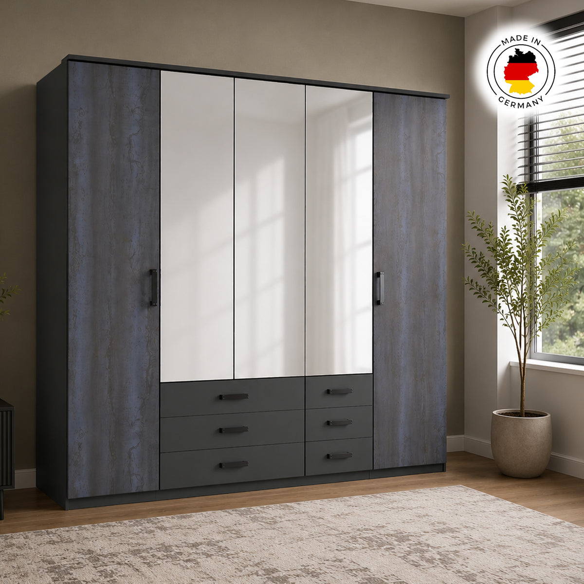 Grasmere Graphite 5 Door Wardrobe with Mirrors and 6 Drawers