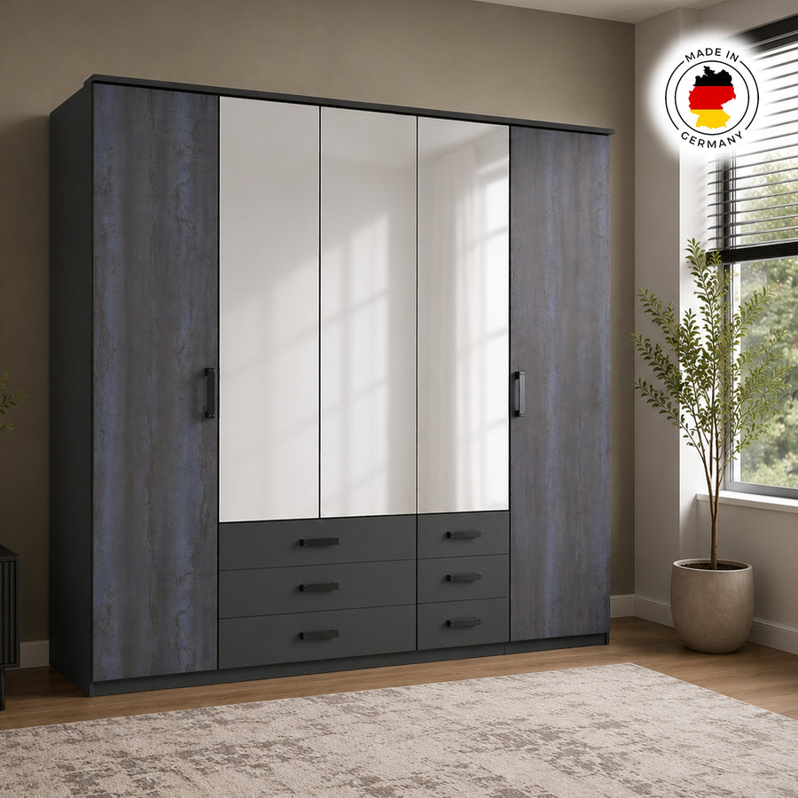 Grasmere Graphite 5 Door Wardrobe with Mirrors and 6 Drawers