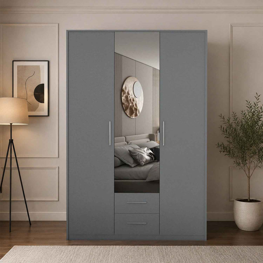 Windsor Grey 3 Door Wardrobe 120cm with Mirror and 2 Drawers