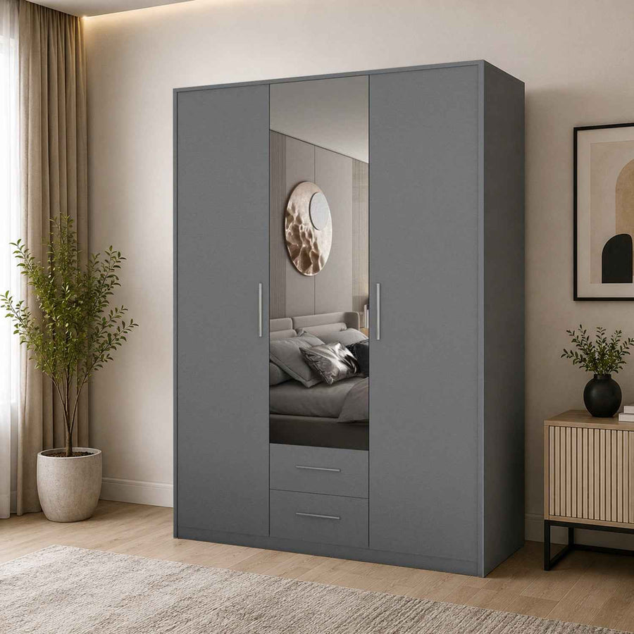 Windsor Grey 3 Door Wardrobe 135cm with Mirror and 2 Drawers