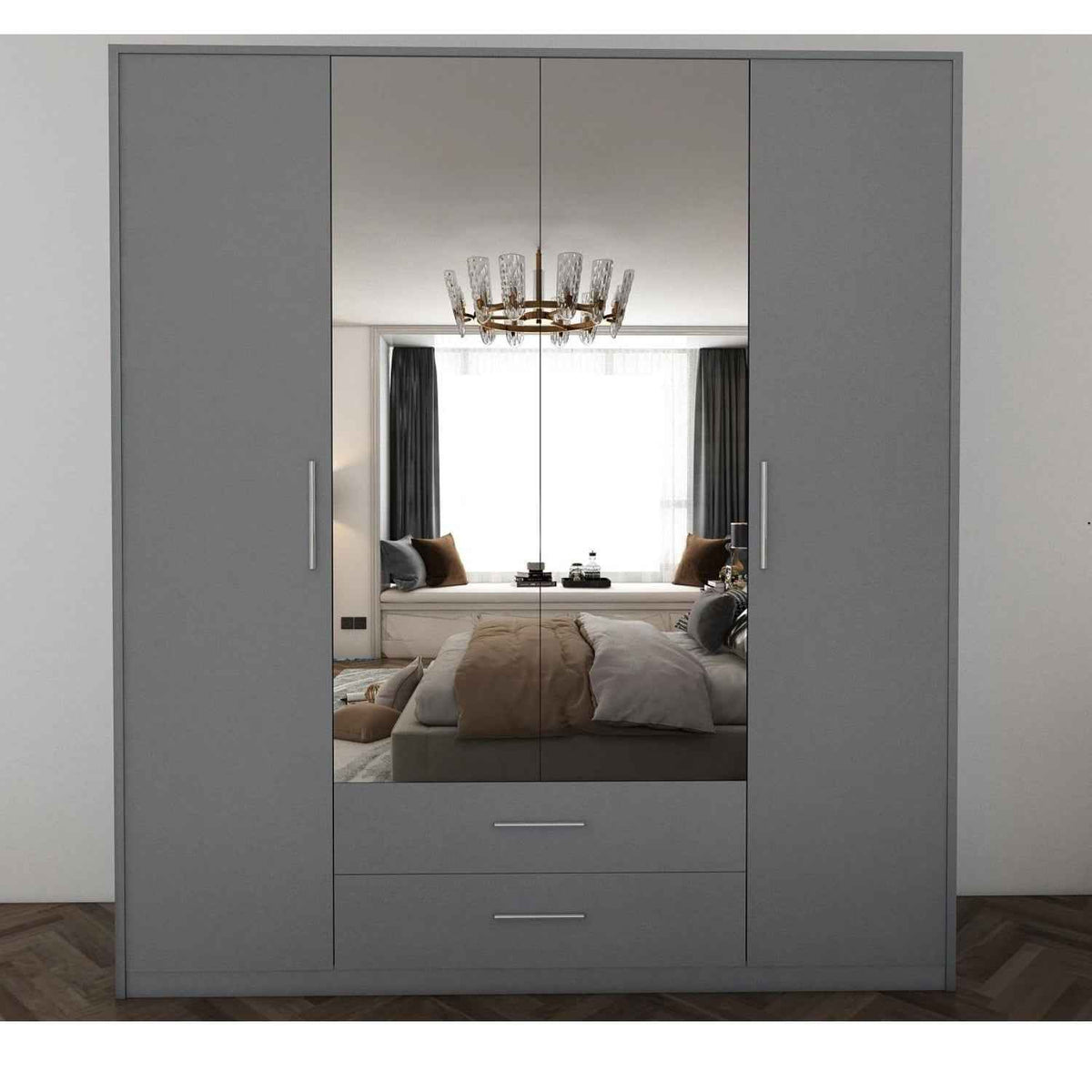 Windsor Grey 4 Door Wardrobe 180cm with Mirrors and 2 Drawers