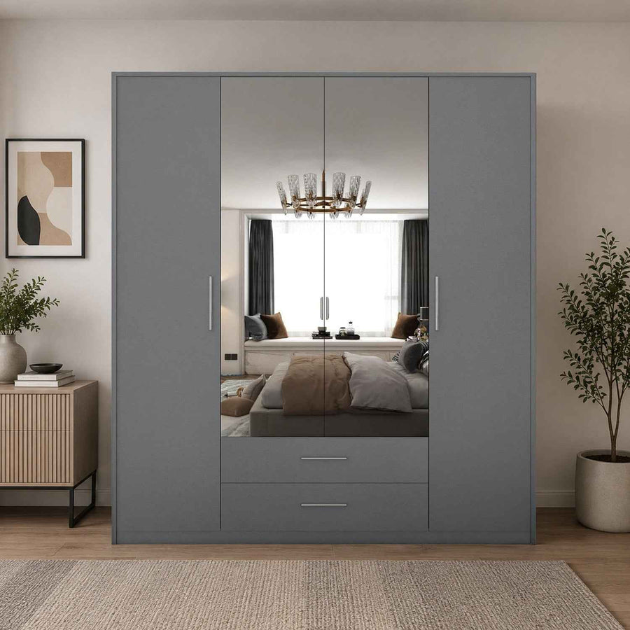 Windsor Grey 4 Door Wardrobe 180cm with Mirrors and 2 Drawers