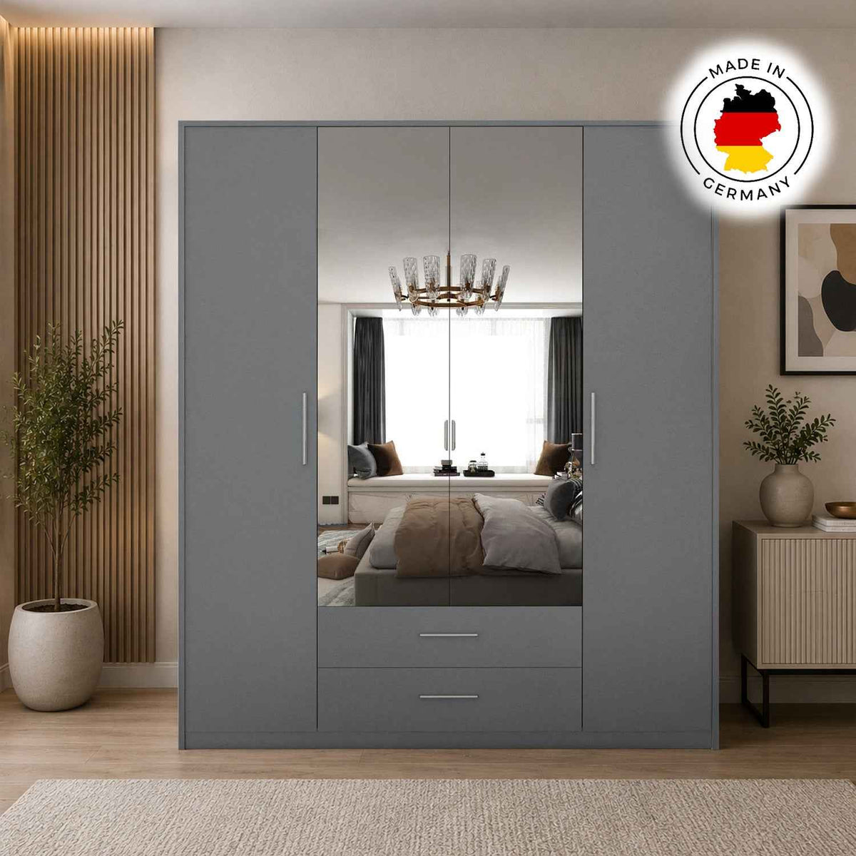 Windsor Grey 4 Door Wardrobe 180cm with Mirrors and 2 Drawers