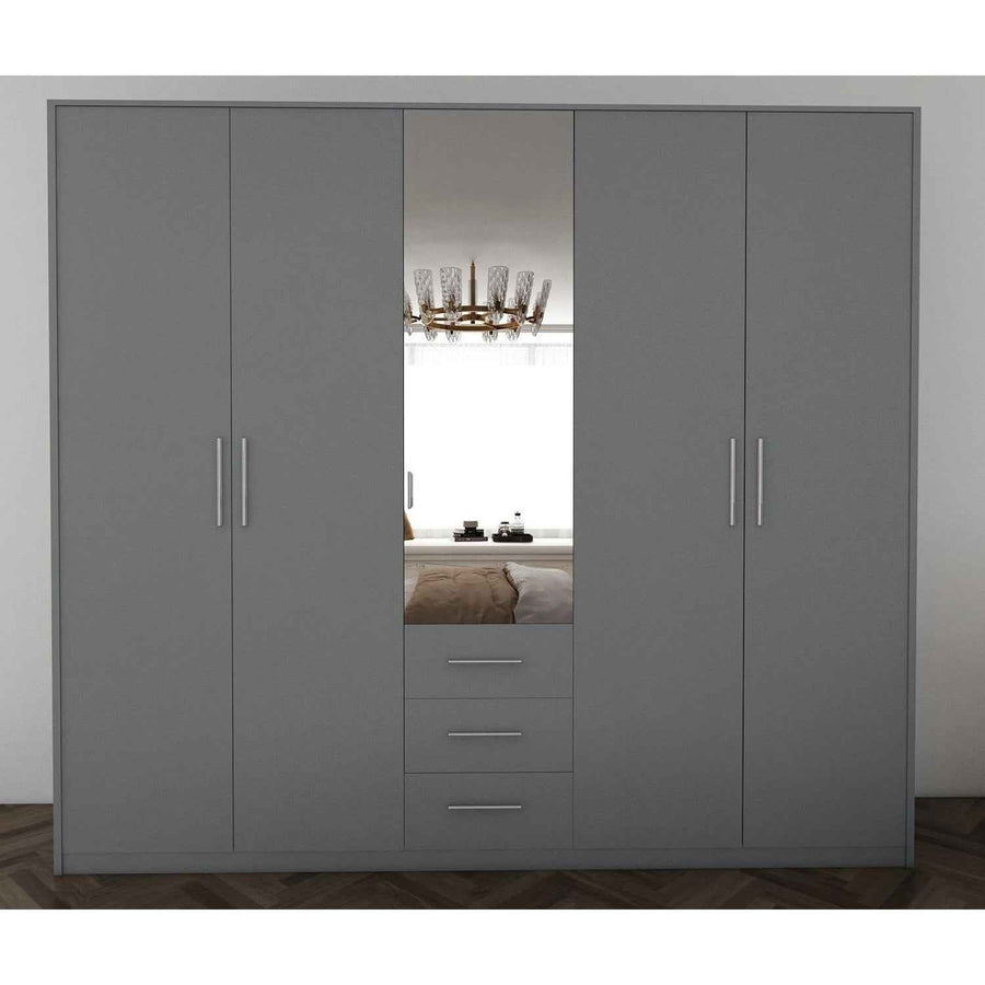 Windsor Grey 5 Door Wardrobe 200cm with Mirror and 3 Drawers