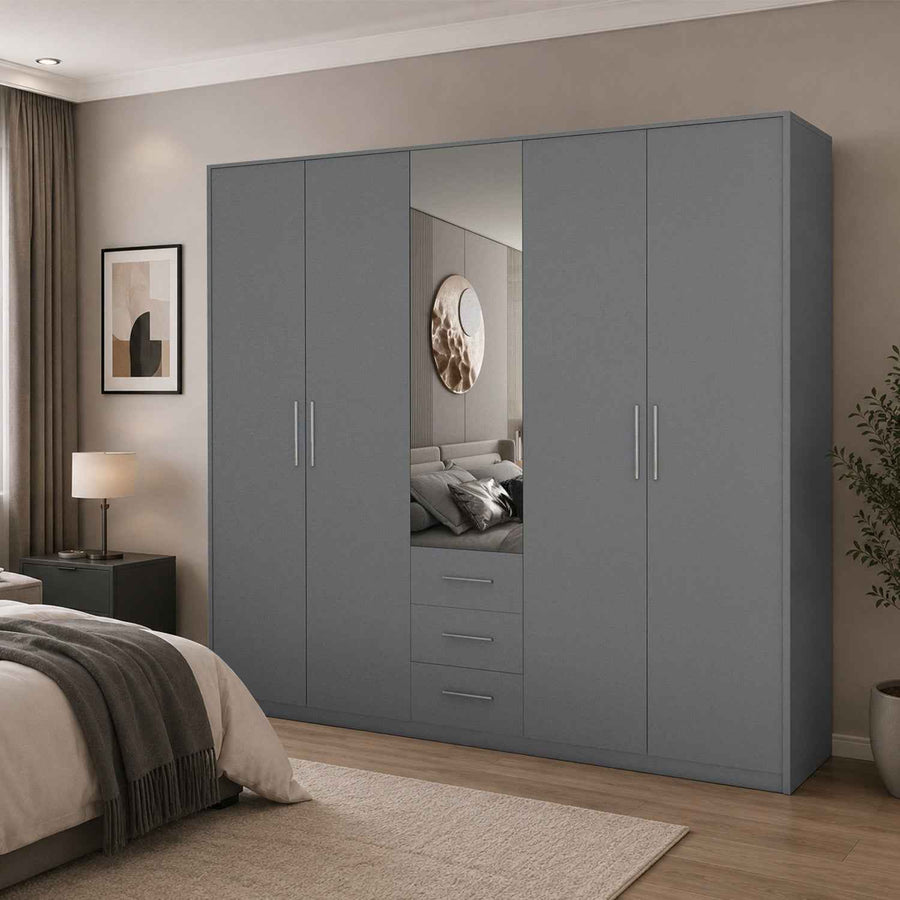 Windsor Grey 5 Door Wardrobe 200cm with Mirror and 3 Drawers