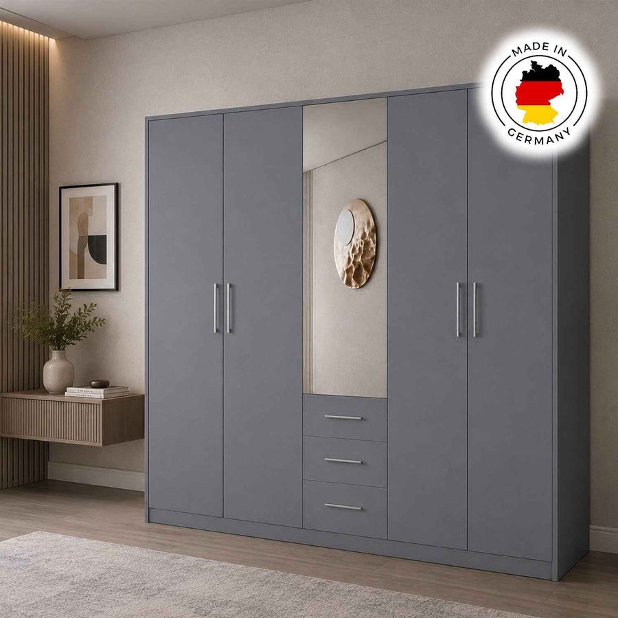 Windsor Grey 5 Door Wardrobe 200cm with Mirror and 3 Drawers