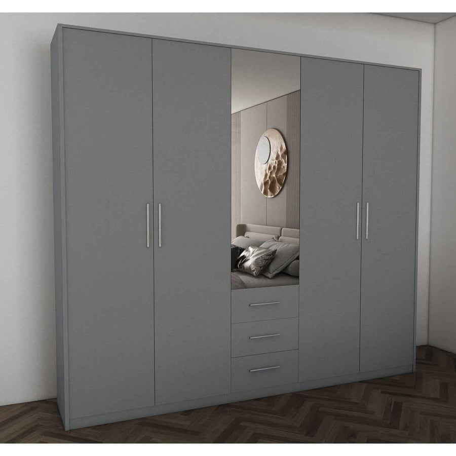 Windsor Grey 5 Door Wardrobe 200cm with Mirror and 3 Drawers
