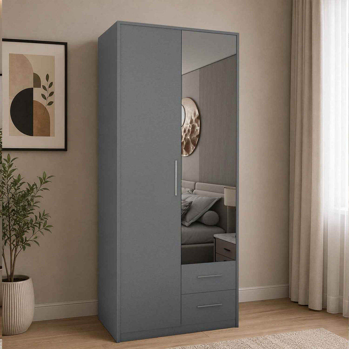 Windsor Grey 2 Door Wardrobe with Mirror and 2 Drawers