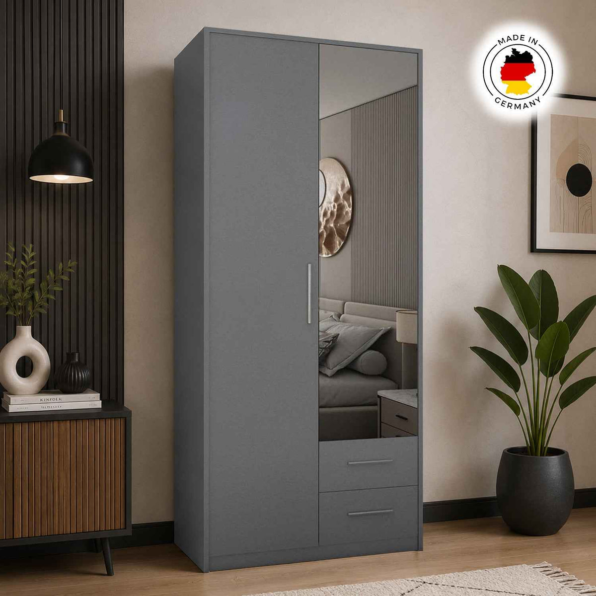 Windsor Grey 2 Door Wardrobe with Mirror and 2 Drawers
