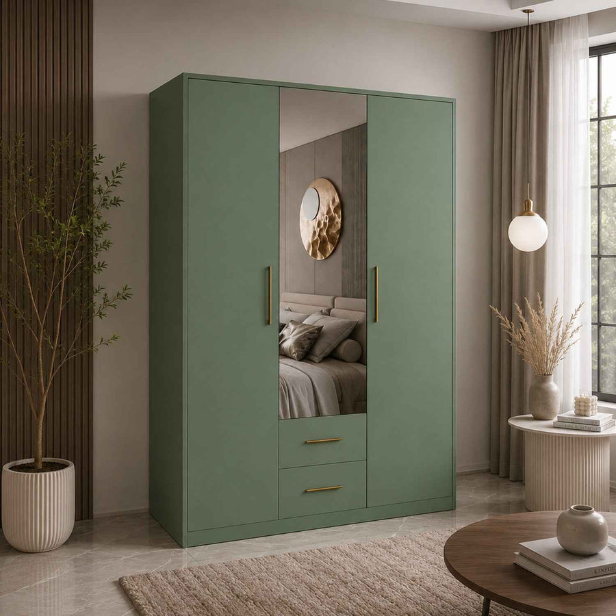 Windsor Green 3 Door Wardrobe 120cm with Mirror and 2 Drawers