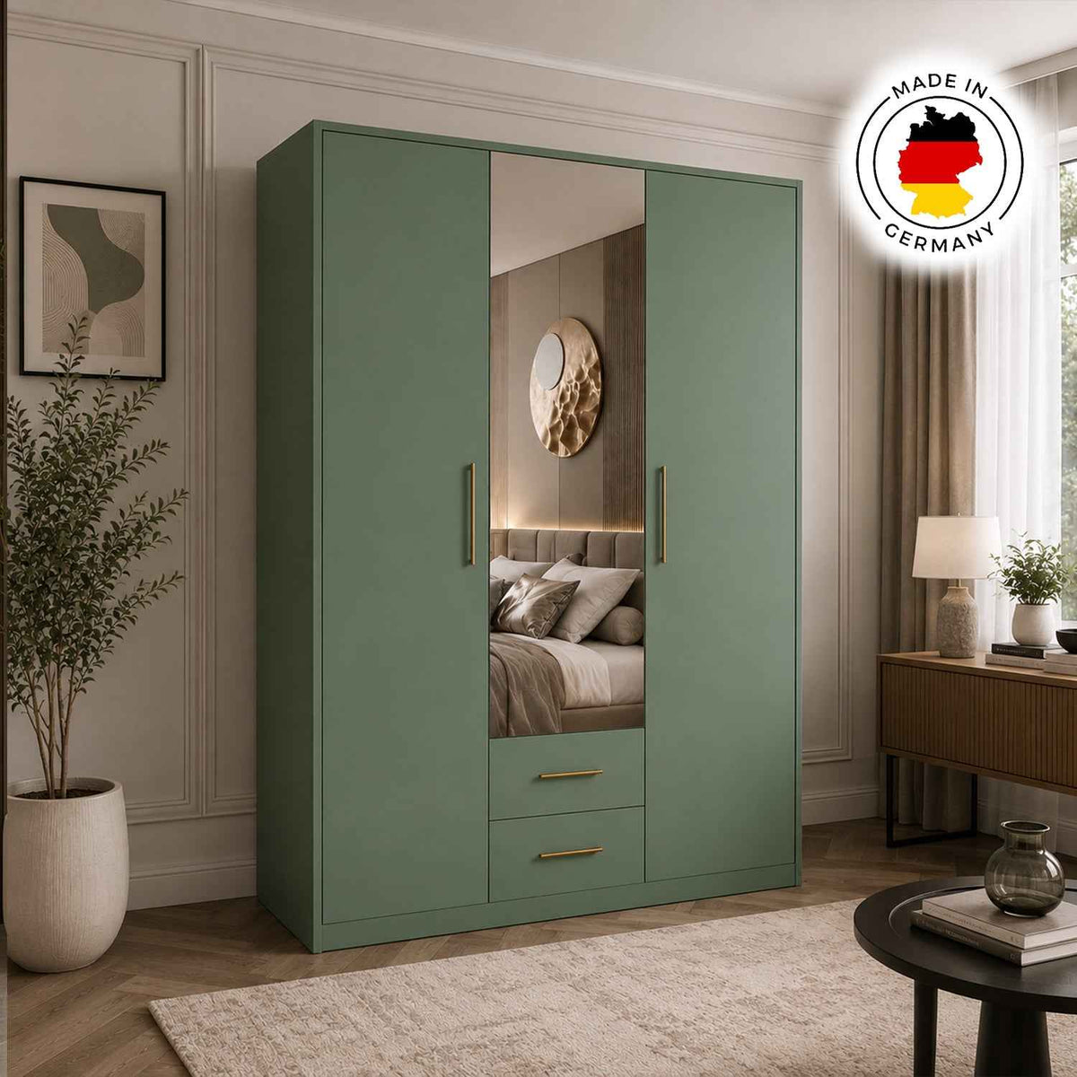Windsor Green 3 Door Wardrobe 120cm with Mirror and 2 Drawers