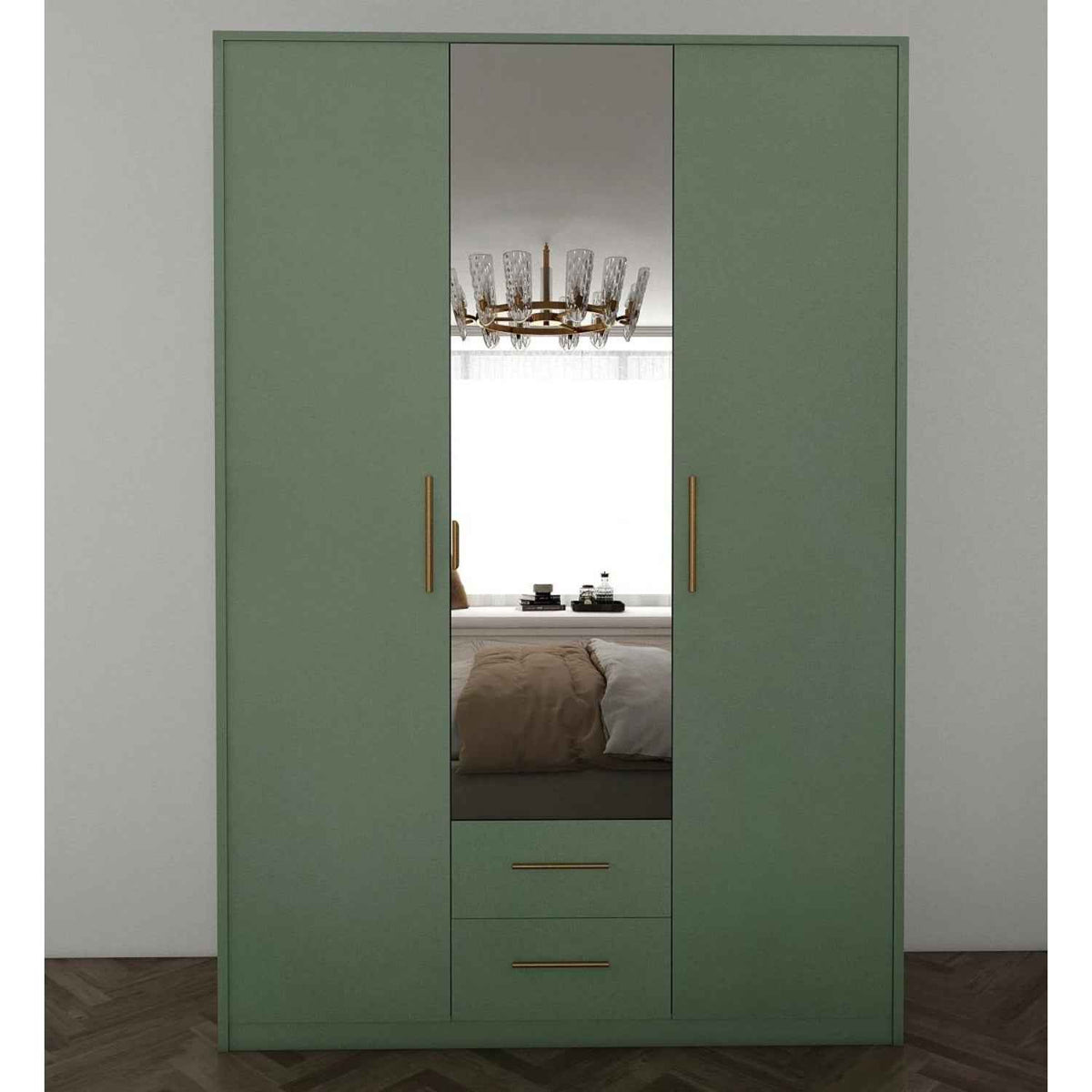 Windsor Green 3 Door Wardrobe 135cm with Mirror and 2 Drawers