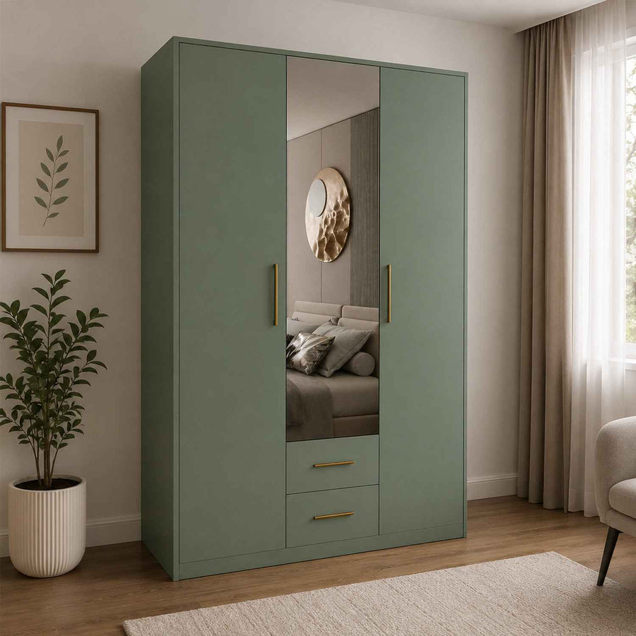 Windsor Green 3 Door Wardrobe 135cm with Mirror and 2 Drawers
