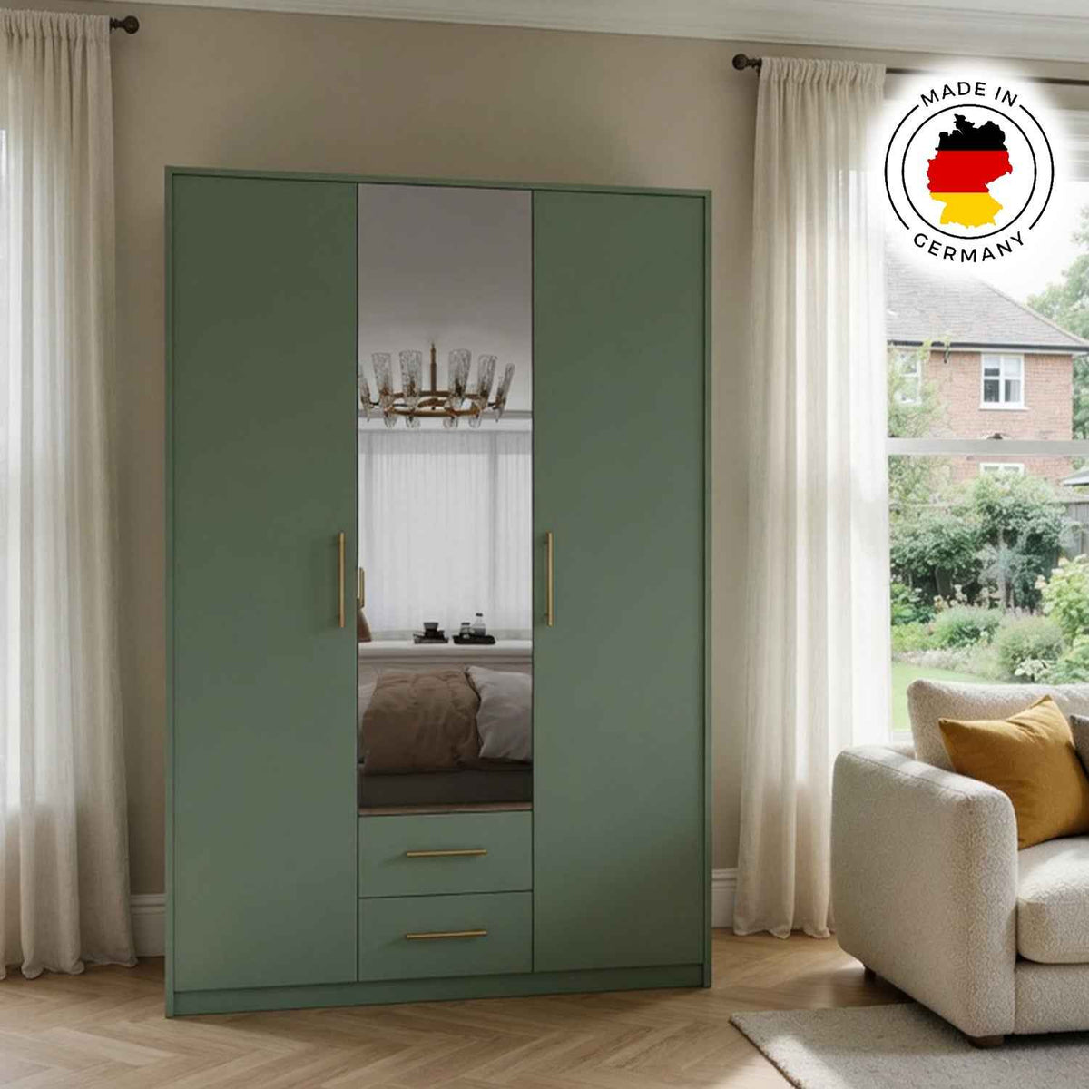 Windsor Green 3 Door Wardrobe 135cm with Mirror and 2 Drawers