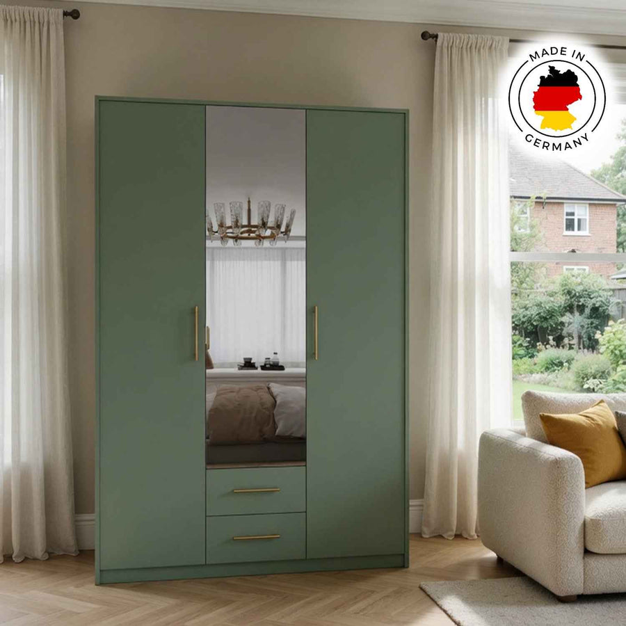 Windsor Green 3 Door Wardrobe 135cm with Mirror and 2 Drawers