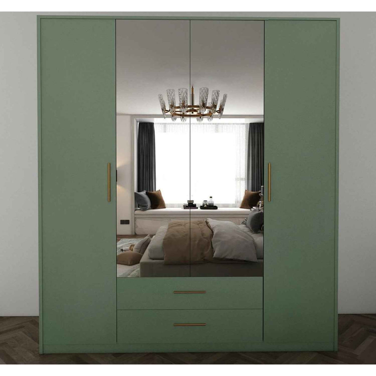 Windsor Green 4 Door Wardrobe 180cm with Mirrors and 2 Drawers