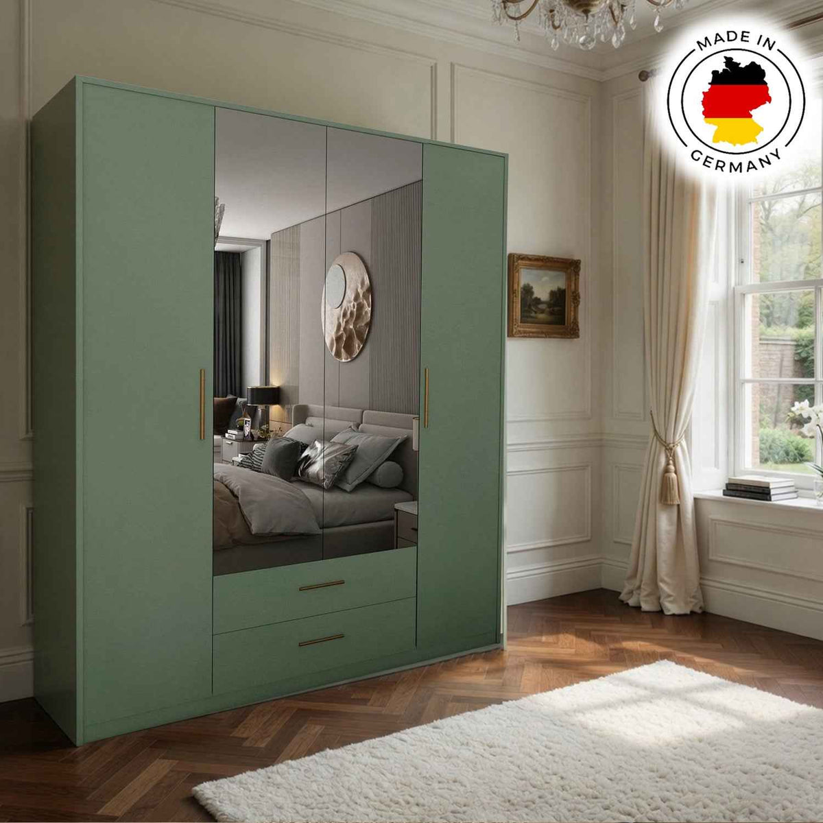 Windsor Green 4 Door Wardrobe 180cm with Mirrors and 2 Drawers