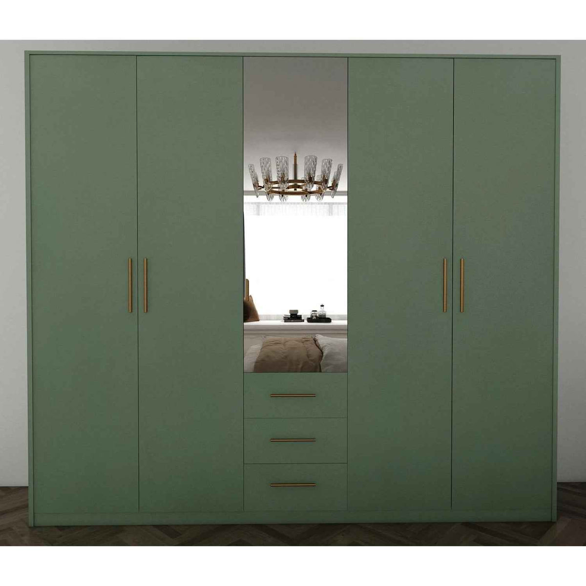Windsor Green 5 Door Wardrobe 200cm with Mirror and 3 Drawers