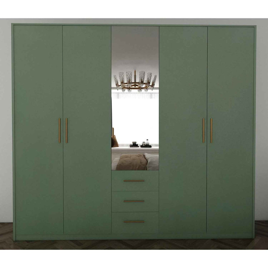 Windsor Green 5 Door Wardrobe 200cm with Mirror and 3 Drawers
