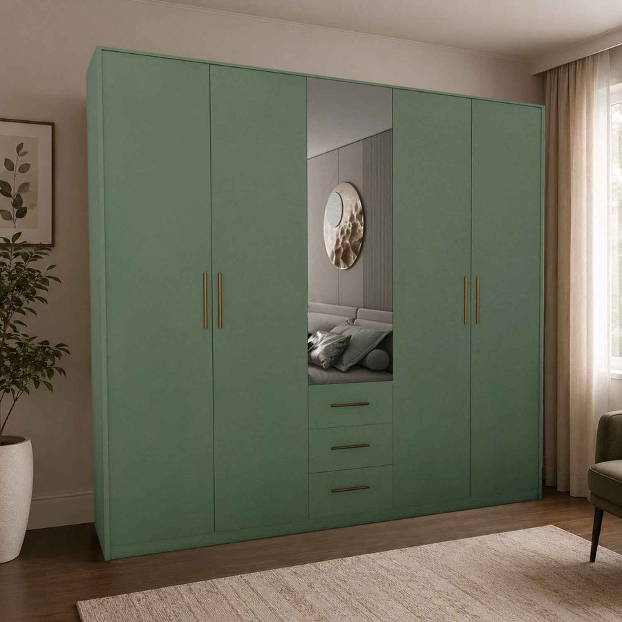 Windsor Green 5 Door Wardrobe 200cm with Mirror and 3 Drawers