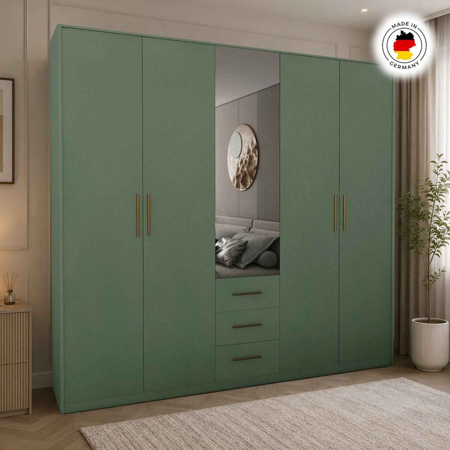 Windsor Green 5 Door Wardrobe 200cm with Mirror and 3 Drawers