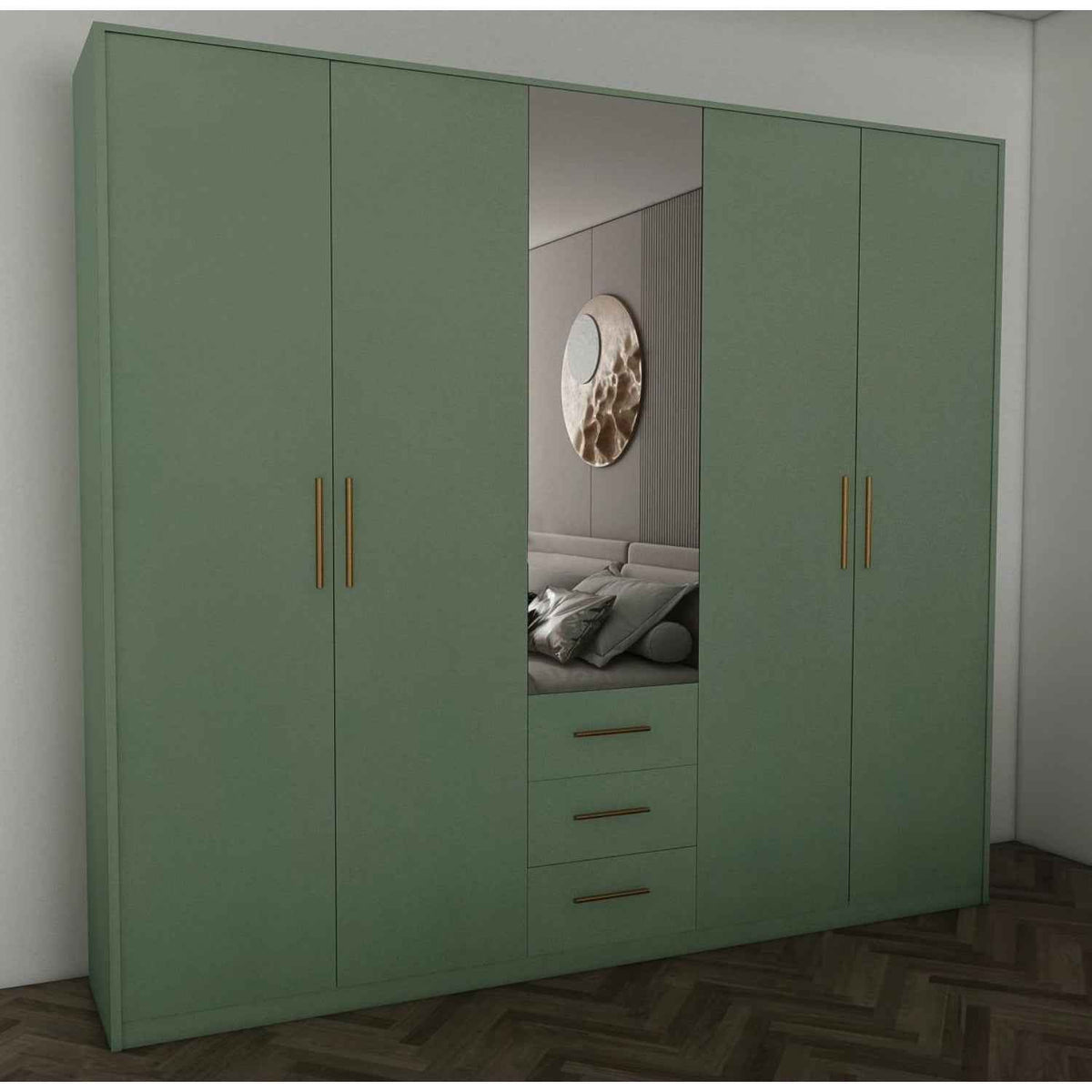 Windsor Green 5 Door Wardrobe 200cm with Mirror and 3 Drawers