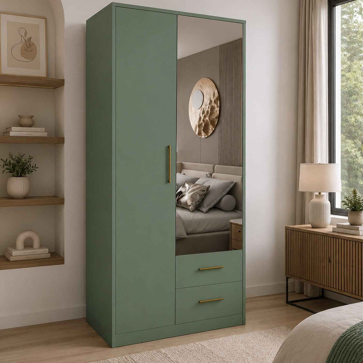 Windsor Green 2 Door Wardrobe with Mirror and 2 Drawers