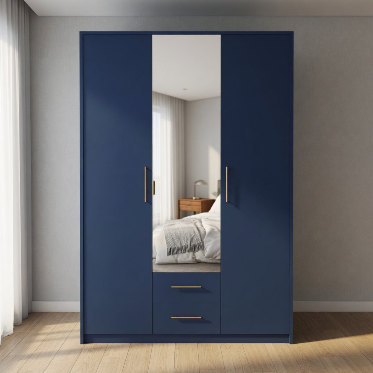 Windsor Blue 3 Door Wardrobe 120cm with Mirror and 2 Drawers - image 6