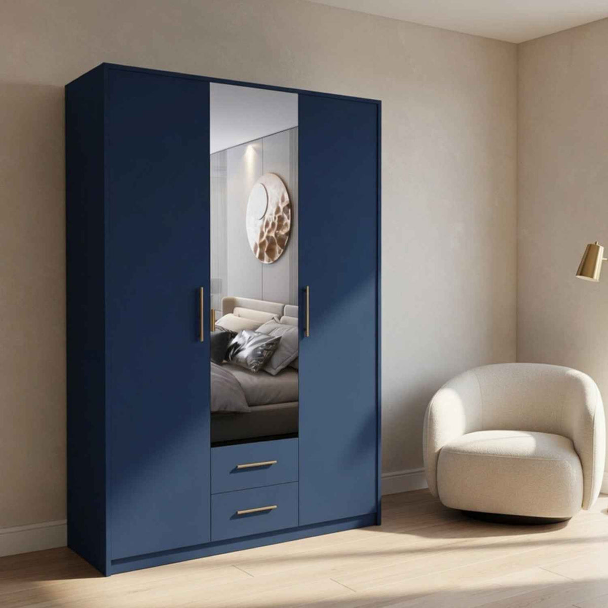 Windsor Blue 3 Door Wardrobe 120cm with Mirror and 2 Drawers