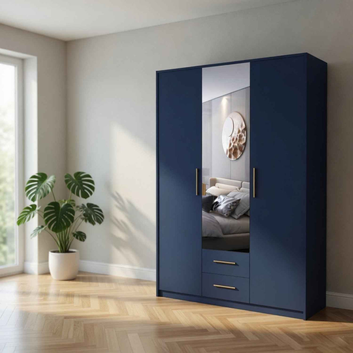 Windsor Blue 3 Door Wardrobe with Mirror and Drawers 135cm