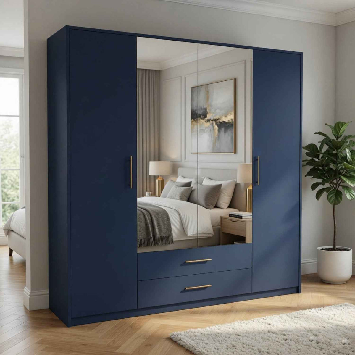 Windsor Blue 4 Door Wardrobe 180cm with Mirrors and 2 Drawers