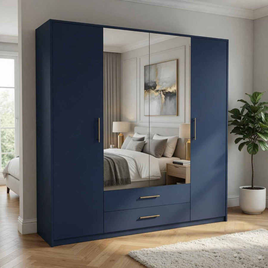 Windsor Blue 4 Door Wardrobe 180cm with Mirrors and 2 Drawers