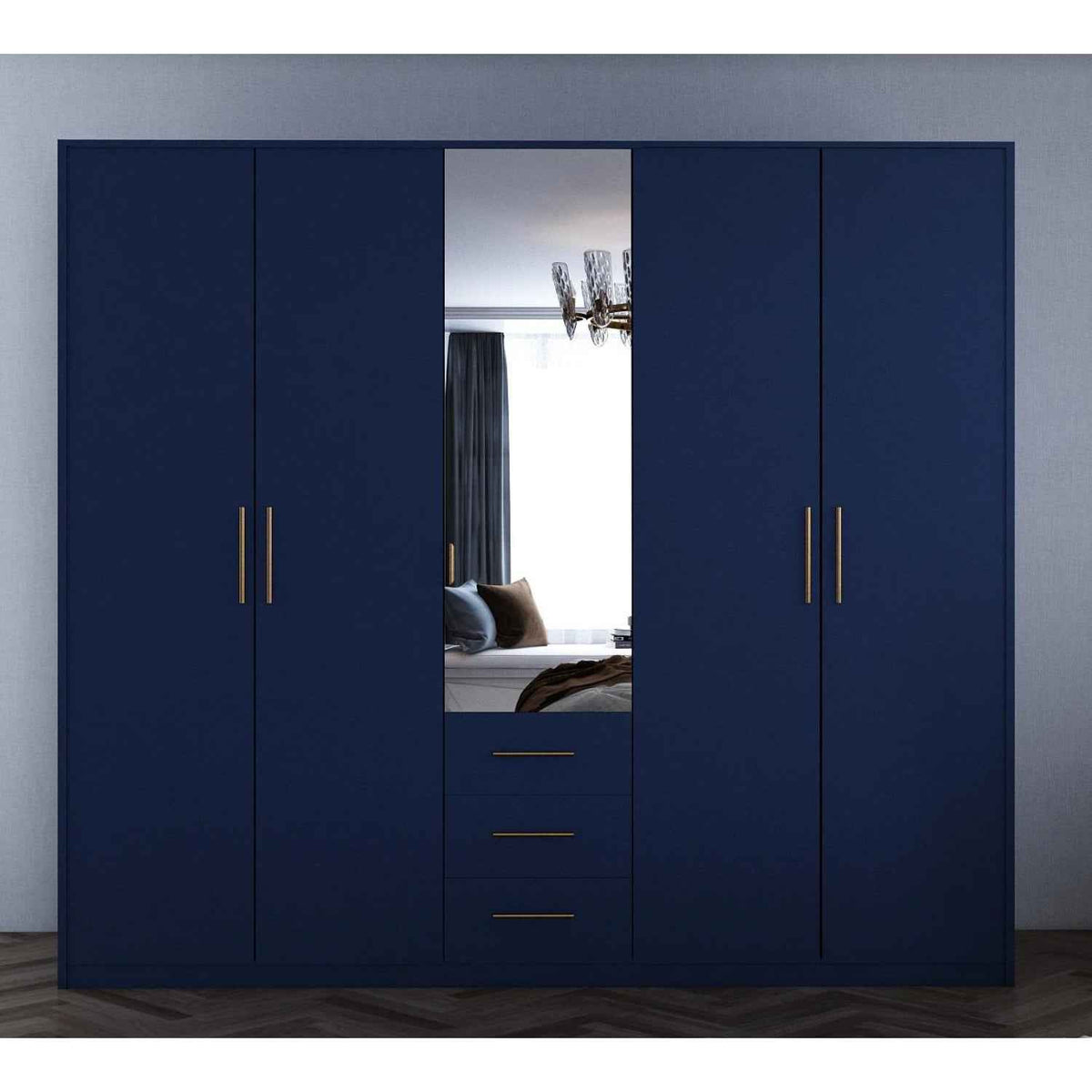 Windsor Blue 5 Door Wardrobe 200cm with Mirror and 3 Drawers